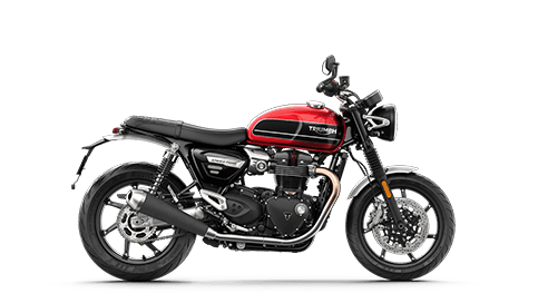 Right hand shoot of the Triumph Speed Twin in Korosi Red and Storm grey with graphite coachline