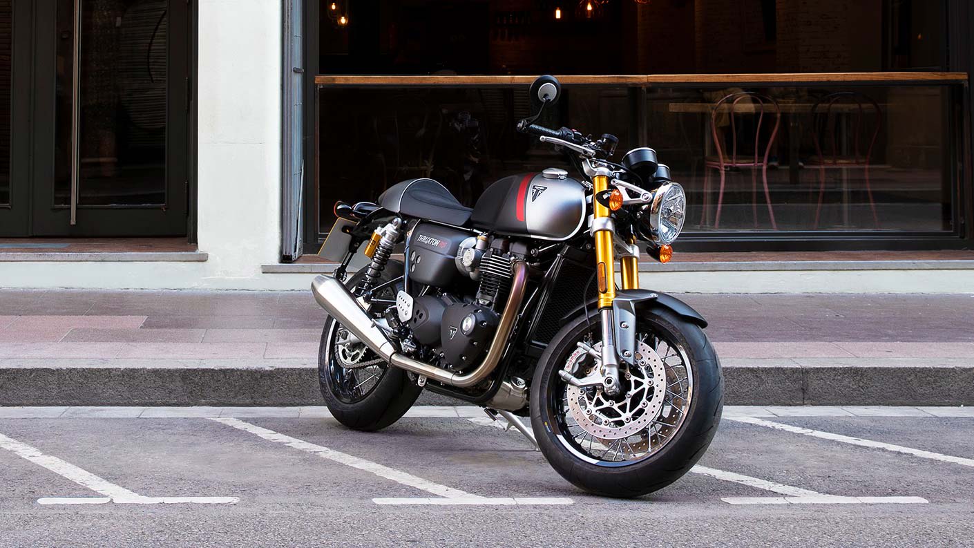 The new Triumph Thruxton RS in Matt Storm Grey & Matt Silver Ice parked 