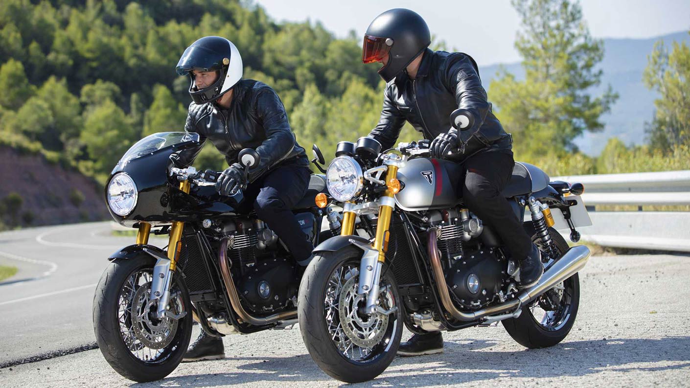Shot of the two Triumph Thruxton RS motorcycles in both available colour options from Jet Black or Matt Silver Ice & Matt Storm Grey