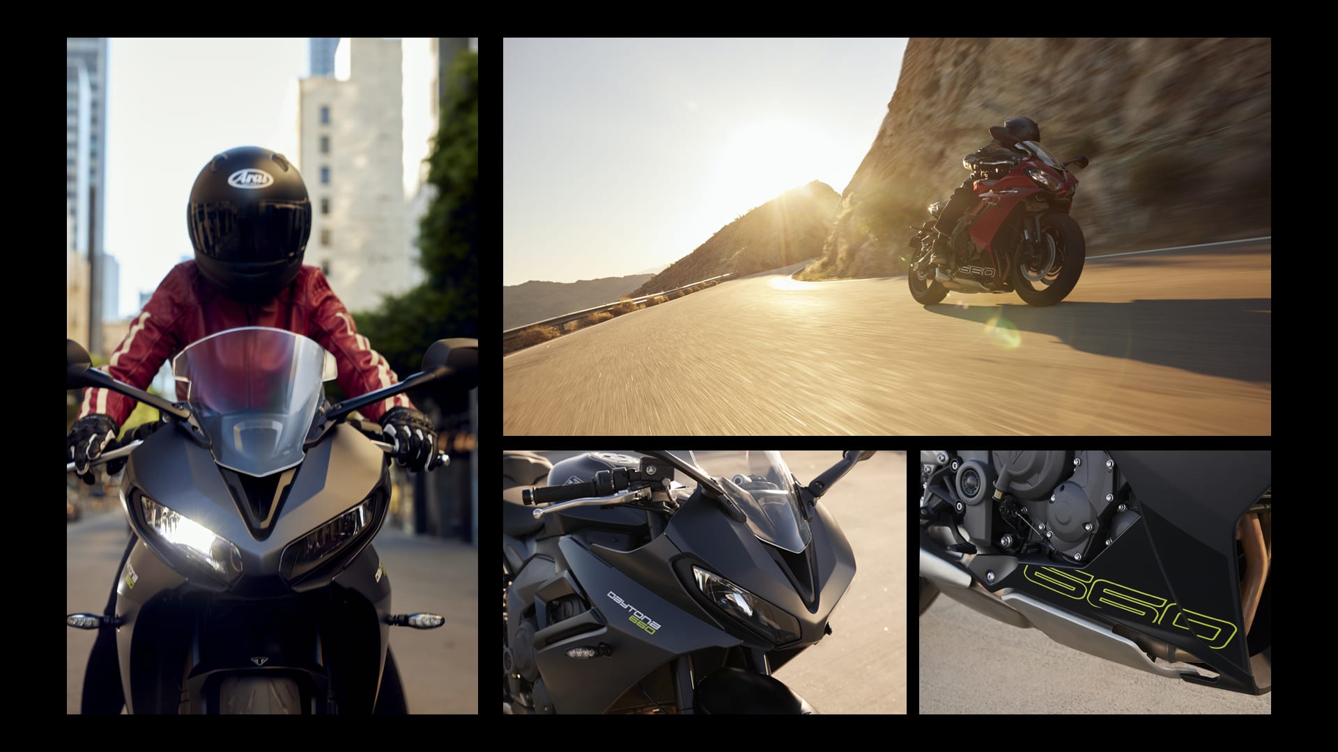 A montage of Triumph Daytona 660 in varying locations)
