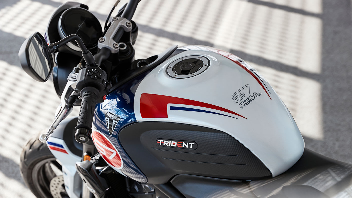 The New Trident 660 Triple Tribute Edition tank close up
