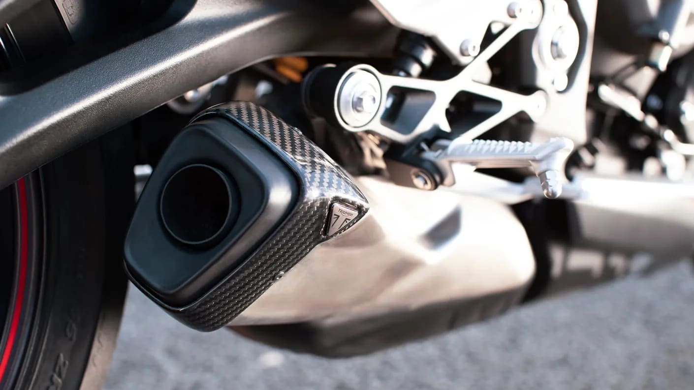 Close-up shot of Street Triple RS's new silencer