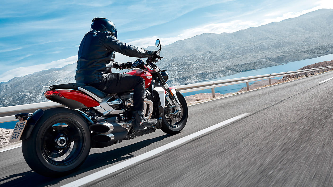 Action shot of rider on Triumph Rocket 3 showcasing its all-new unique aluminium frame