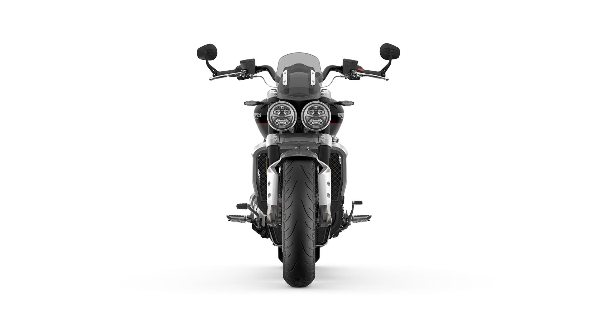 Front CGI of Triumph Rocket 3 GT in Silver Ice and storm grey with extended fly screen, stylish handlebars and twin LED headlight.