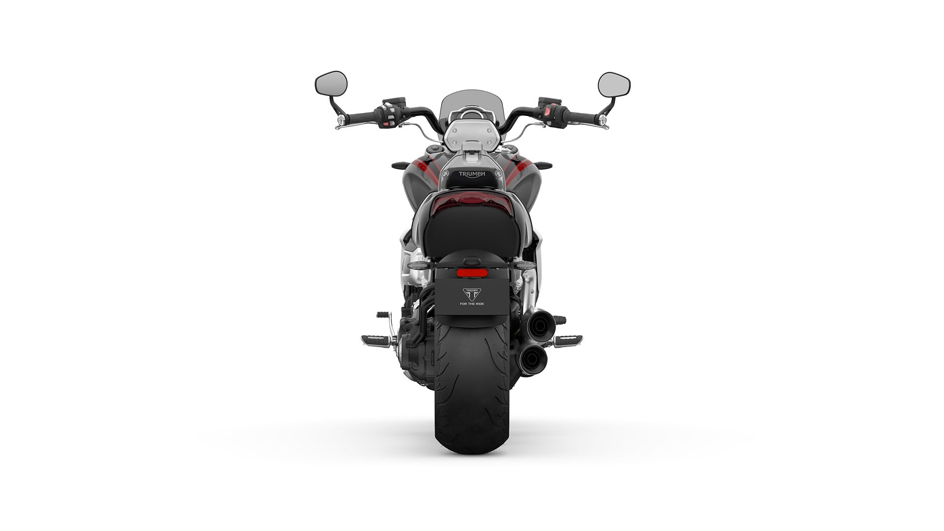 Rear view of the Triumph Rocket 3 GT motorcycle in Silver Ice and storm grey CGI