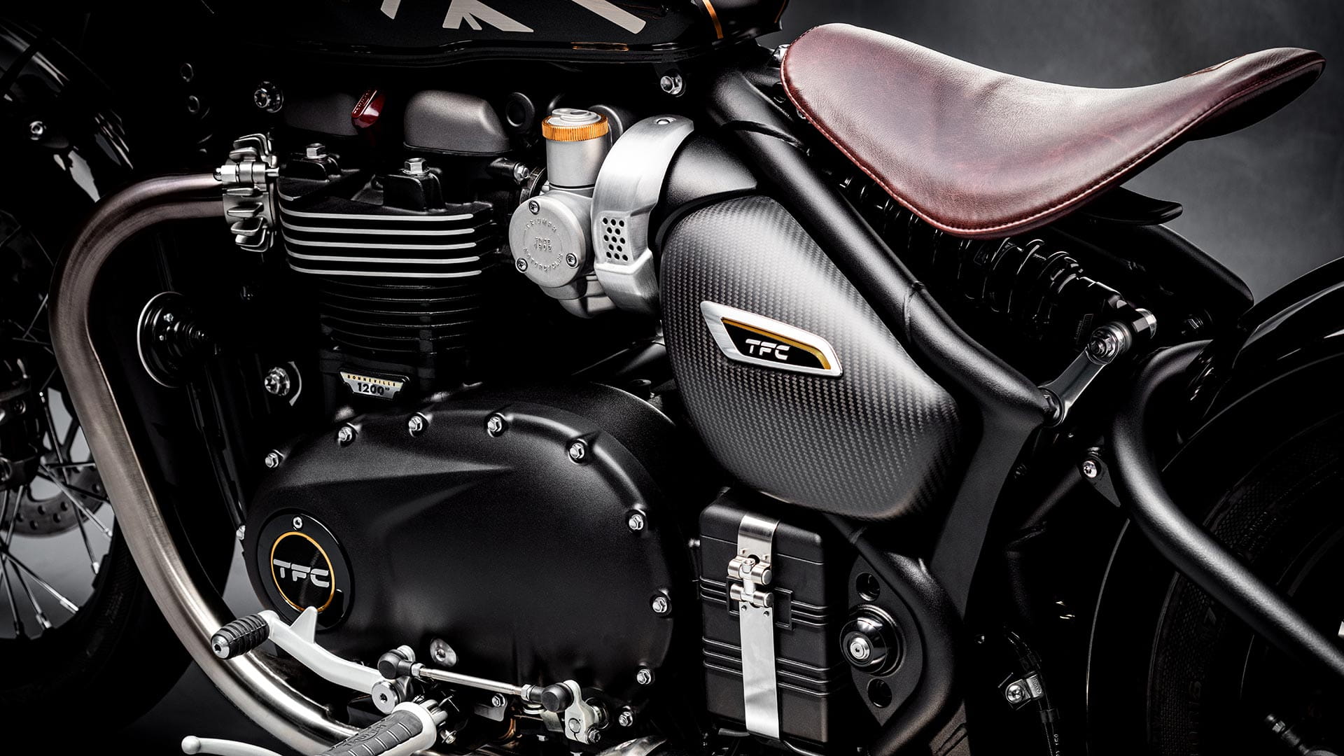 Close-up shot of the Triumph Bobber TFC's powerful engine