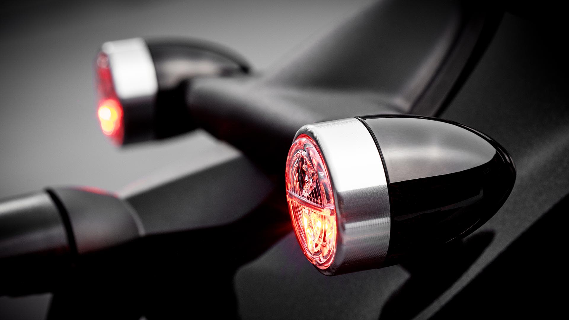 Close-up shot of the Triumph Bobber TFC's LED indicators