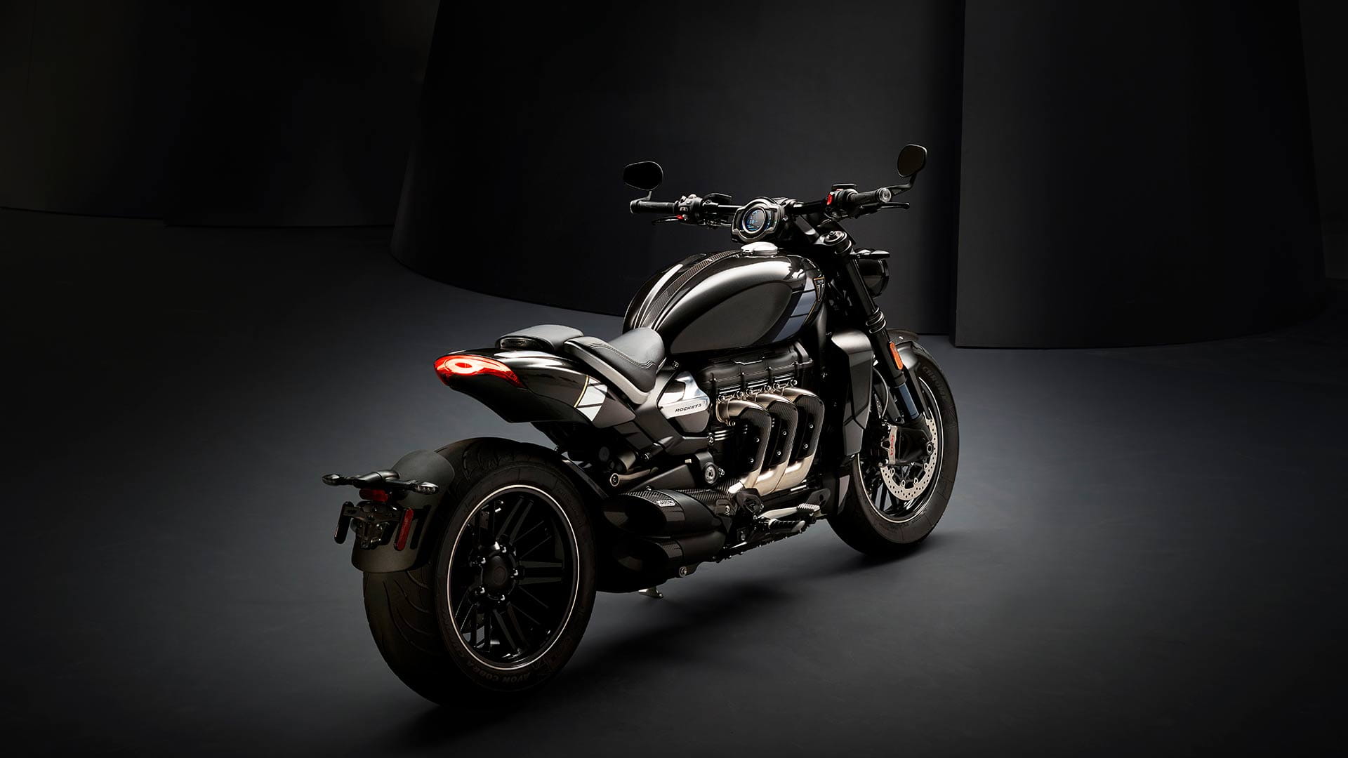 Triumph Rocket 3 TFC rear three quarters featuring three header exhaust run