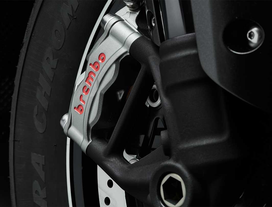 Triumph Rocket 3 TFC close-up shot of Brembo brakes