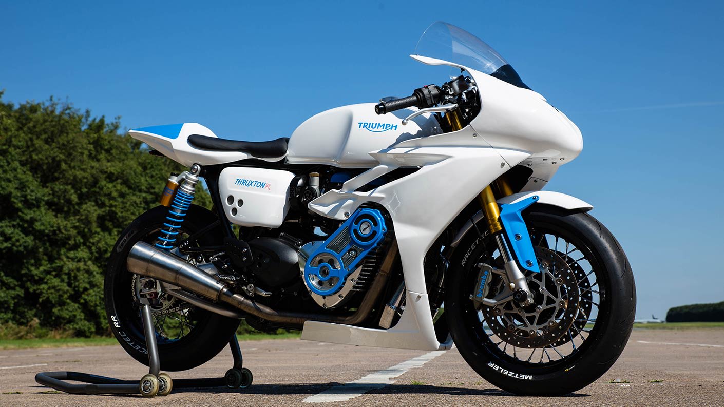 Triumph's Glemseck supercharged thruxton R custom build in white with blue detailing