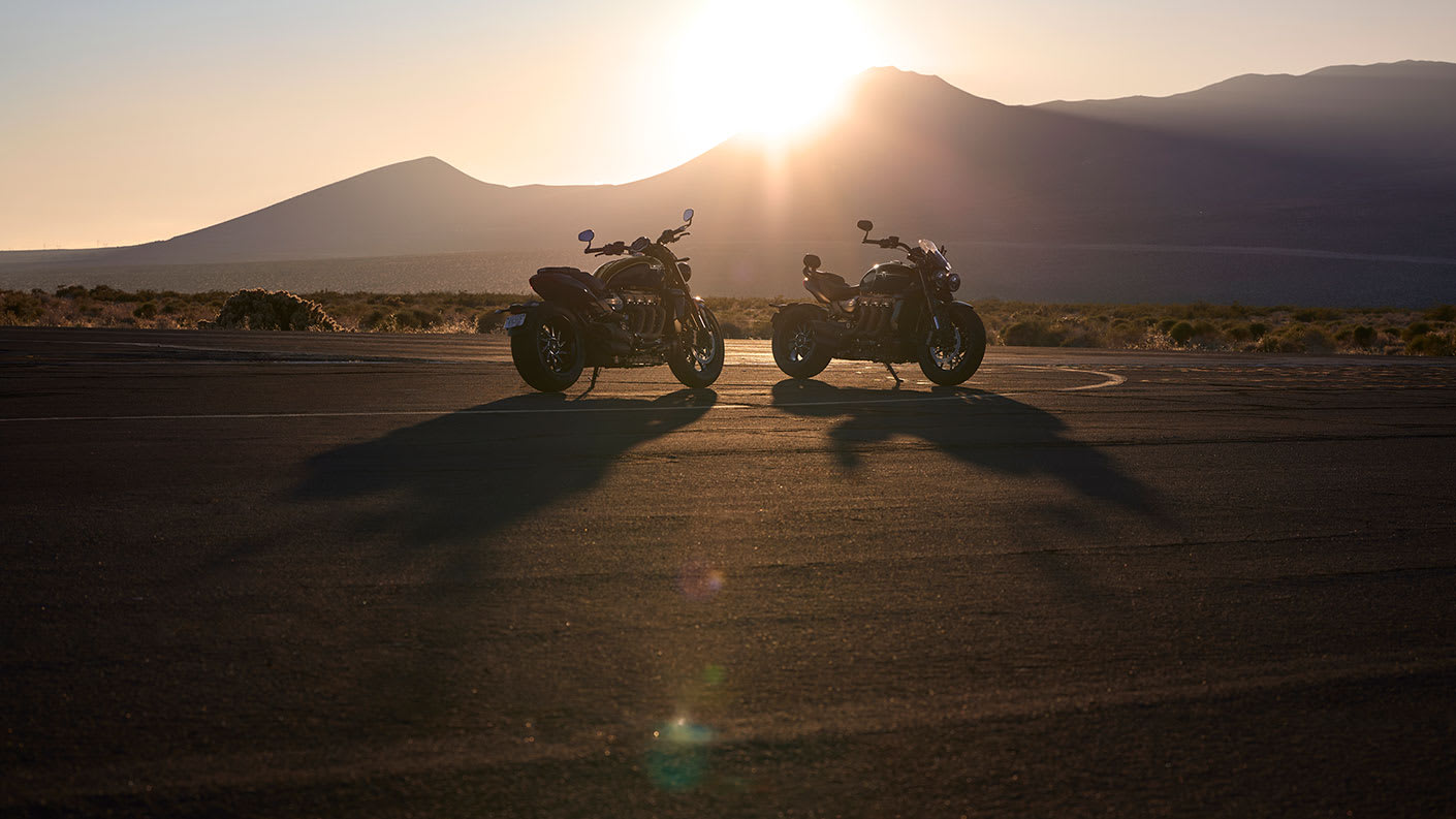 Triumph Rocket 3 Storm two bikes in the sunset