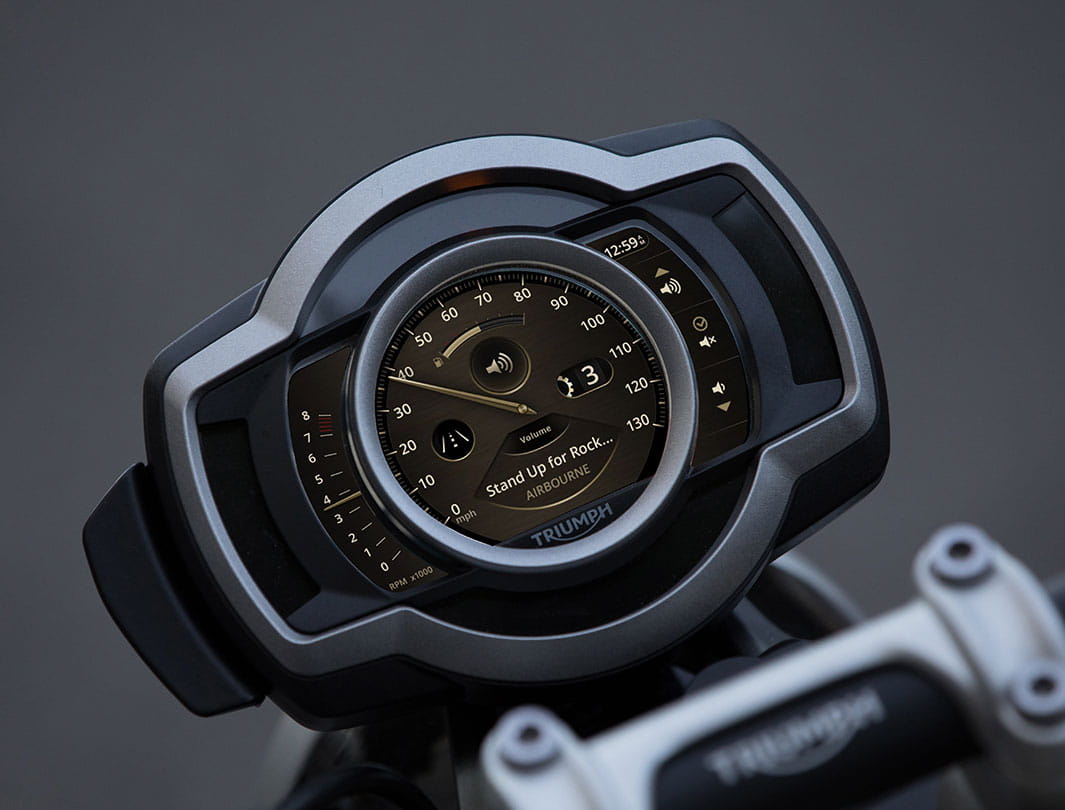 Triumph Connectivity System showing the integration music on a Scrambler 1200 display