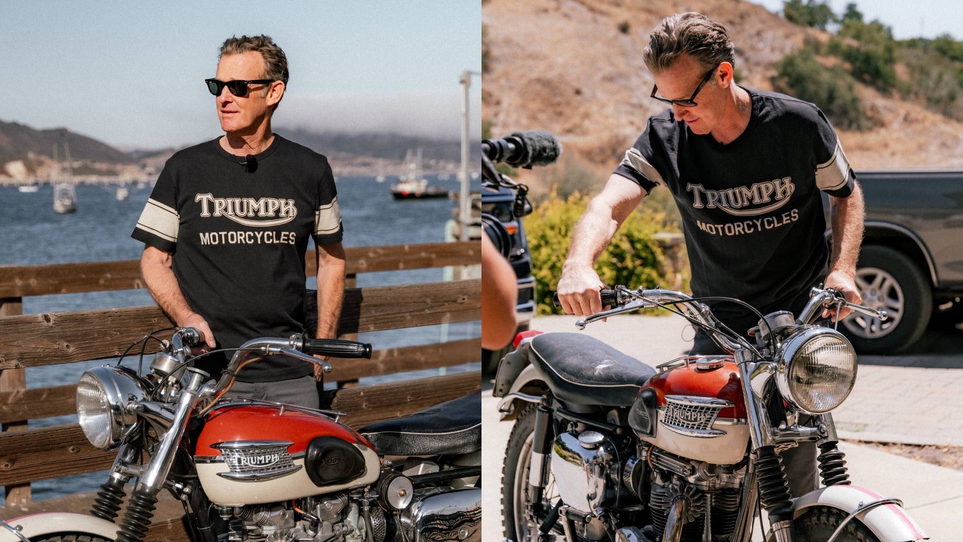 Double image of Bryan Thompson and his Triumph Bike wearing a Triumph T-shirt