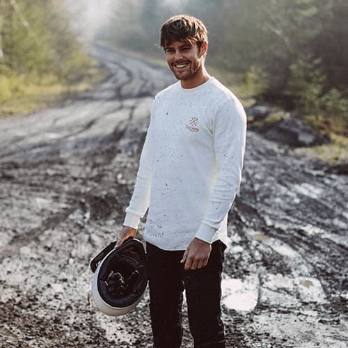 Triumph's collaboration with Bike Shed long sleeve waffle top in white with gold detailing