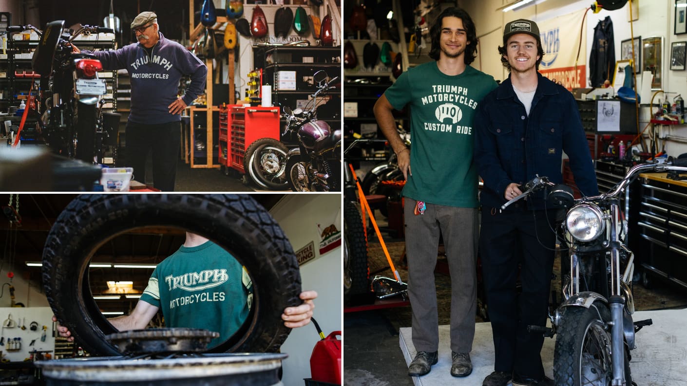 Collage of men working on Triumph bikes wearing Triumph vintage clothing