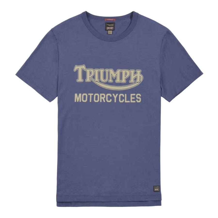 Triumph Barwell Printed Tee in Ocean Blue with large Triumph Motorcycles Logo on chest