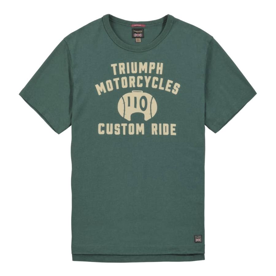 Triumph College Heavyweight Tee in Teal Green with Triumph Motorcycles logo and graphic on chest