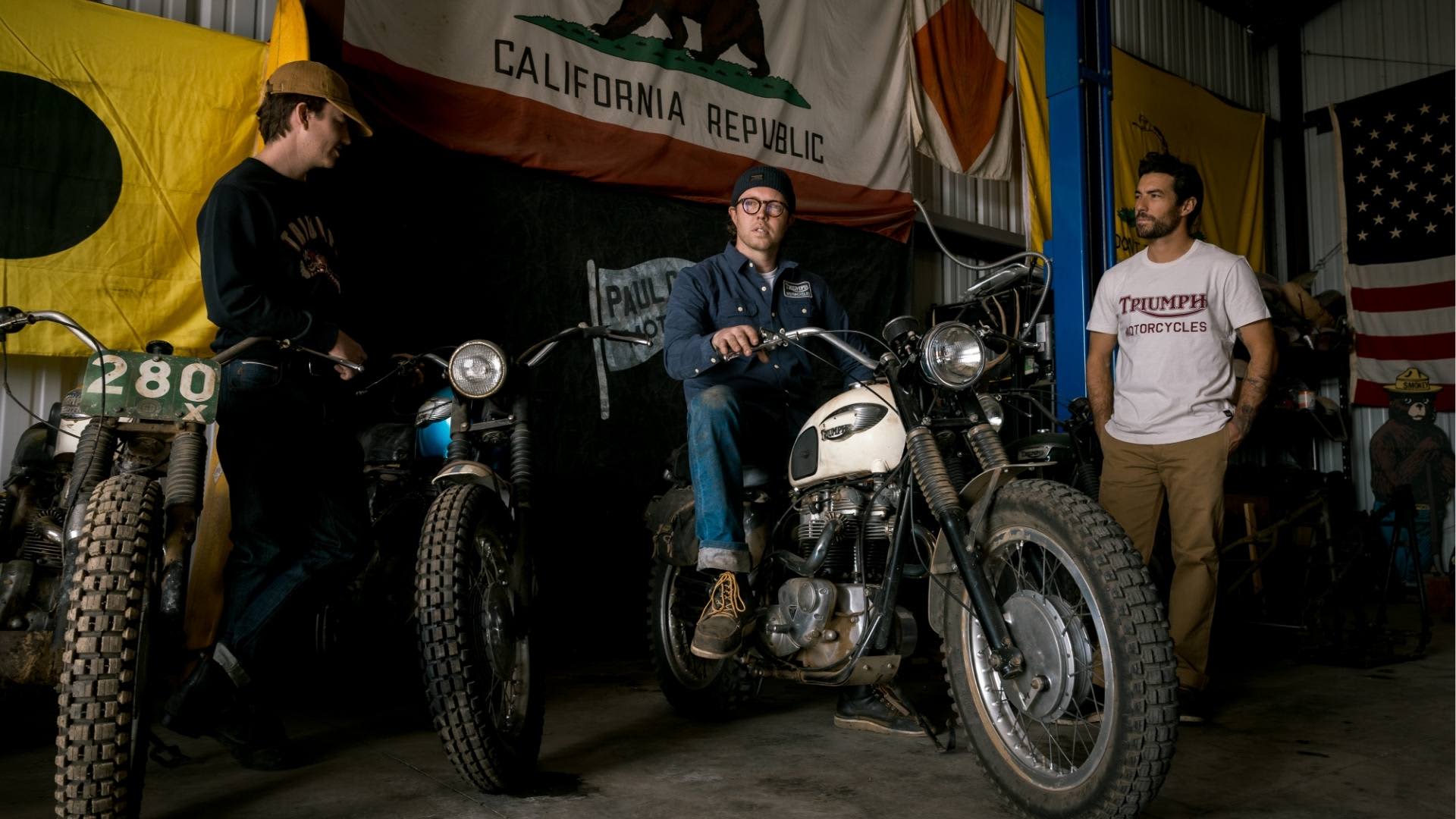 Triumph heritage 2026 New Arrivals -Elliot, Paul & Forrest in garage
