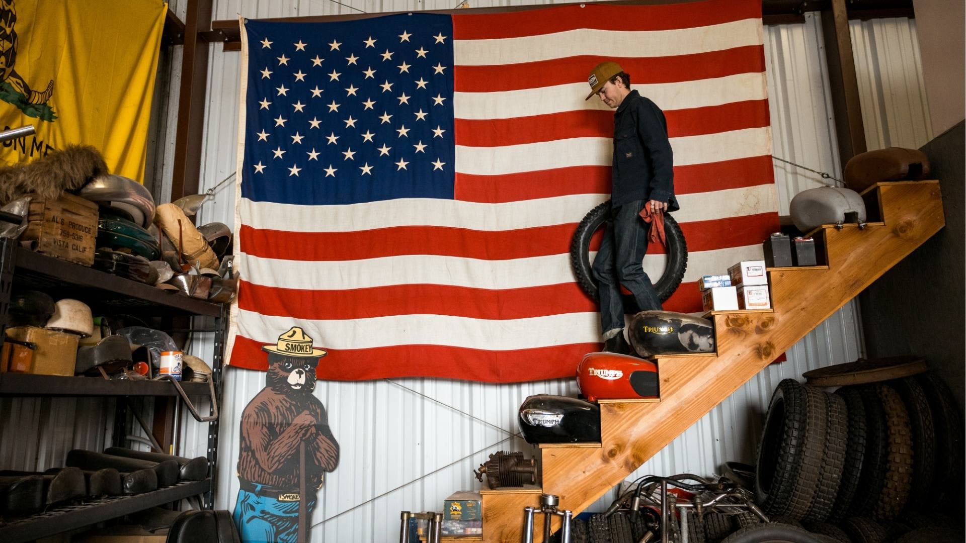 Triumph heritage 2026 New Arrivals - Elliot in garage, large US flag