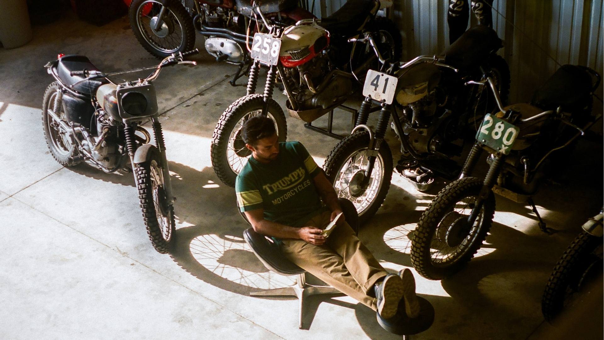Triumph heritage 2026 New Arrivals - Carousel-  Forrest in garage with Triumph heritage Bikes