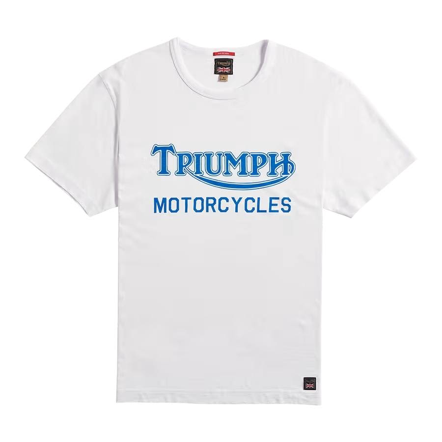 Barwell Printed Tee in white with blue Triumph Heritage logo