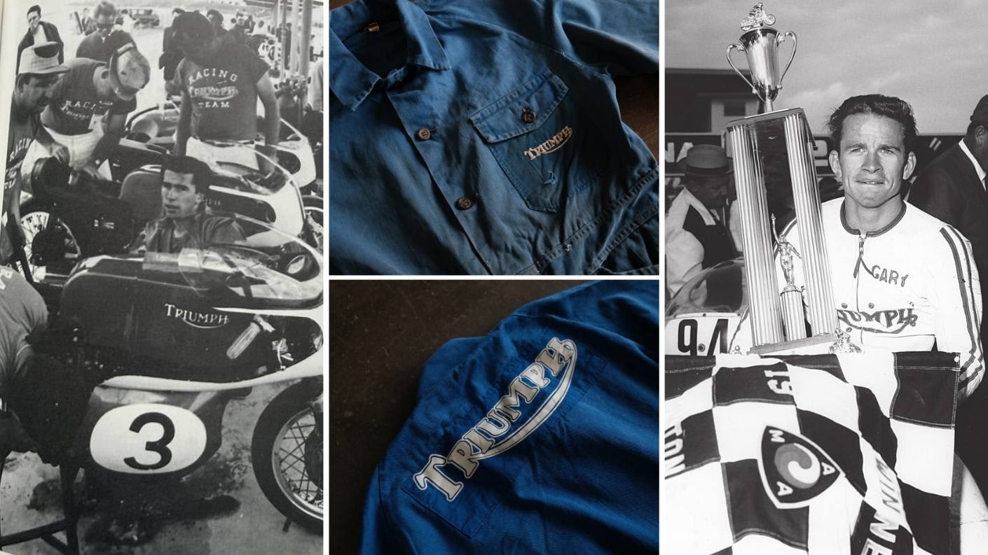 Triumph Motorcycles Racing with Heritage Logo, Blue Overalls with Heritage logo, and Gary Nixon