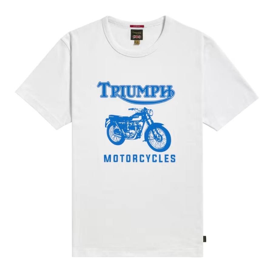 TR6 Heavyweight Logo Tee in white with blue Triumph Motorcycles Heritage logo and bike graphic