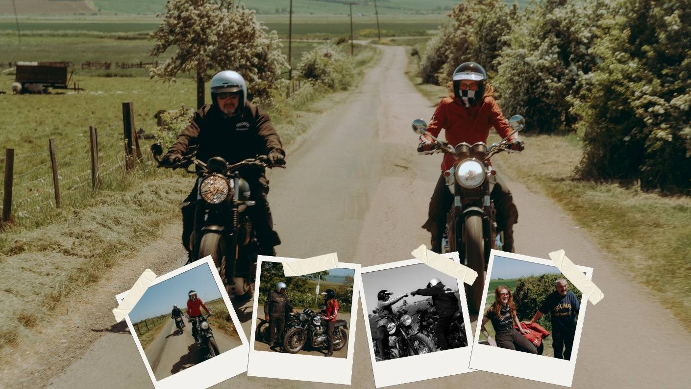 Malcolm and daughter Georgia riding Triumph Motorcycles in country side