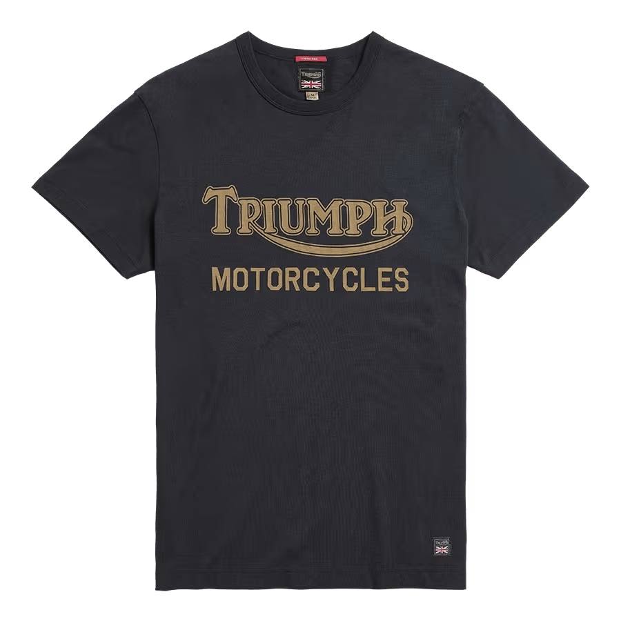 Black Barwell Triumph Tee with large gold Triumph Motorcycles Logo on chest