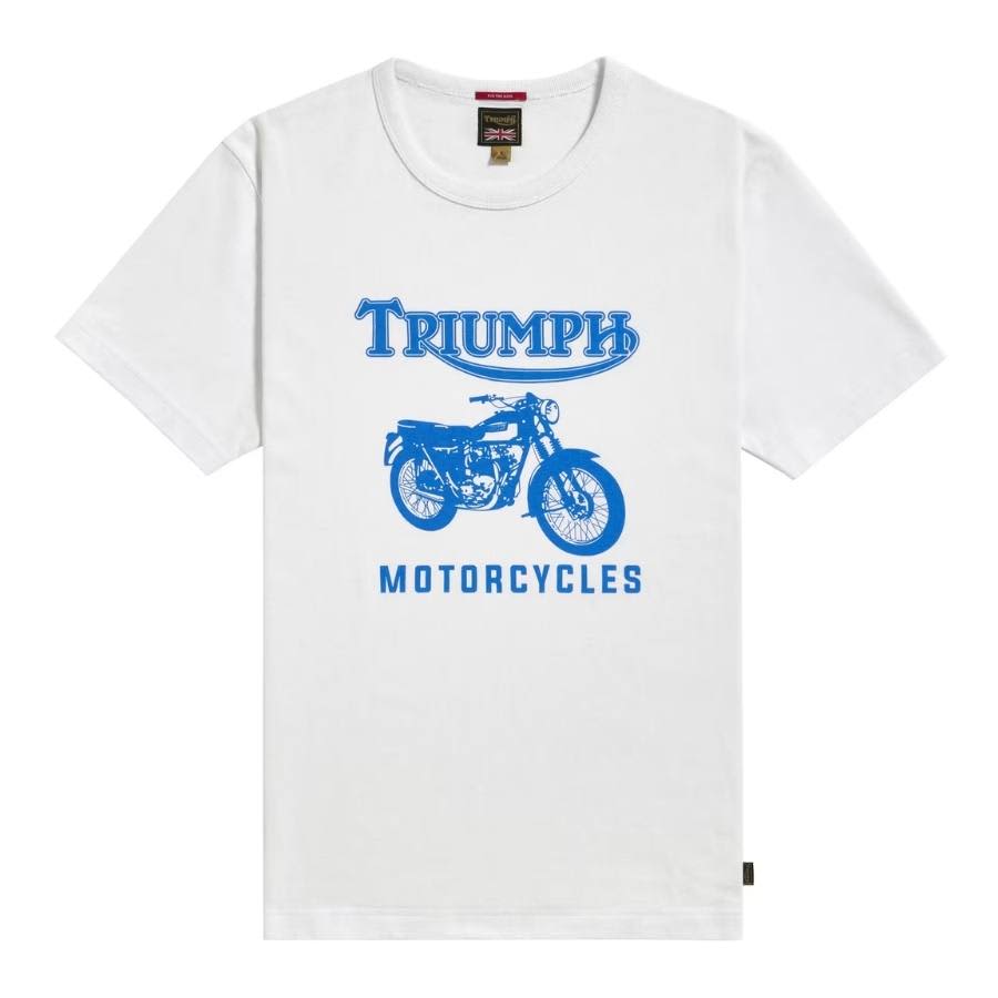 TR6 heavyweight Triumph white Tee with Blue Graphic and Logo