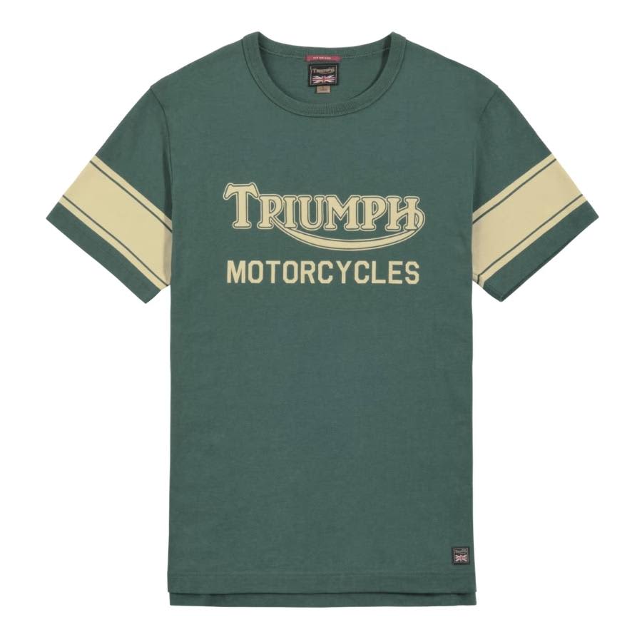 Green Triumph Utah Heavyweight Tee with large Triumph Motorcycles logo on chest