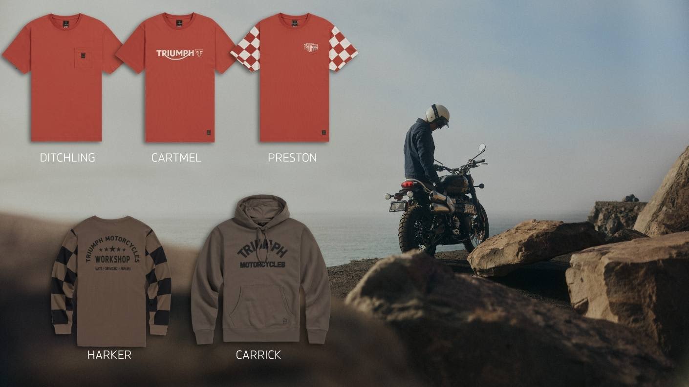 Triumph clothing new items for 2026 in Rust & Iron. T-shirts and Hoodies 