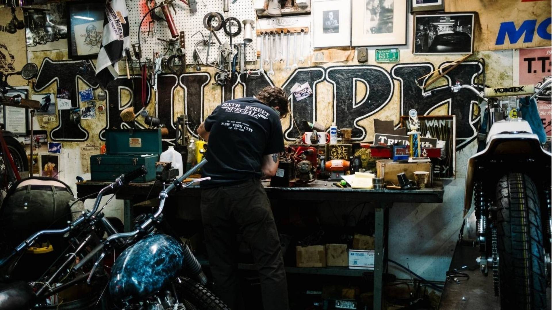 Sixth Street Specials Garage with Triumph Bikes
