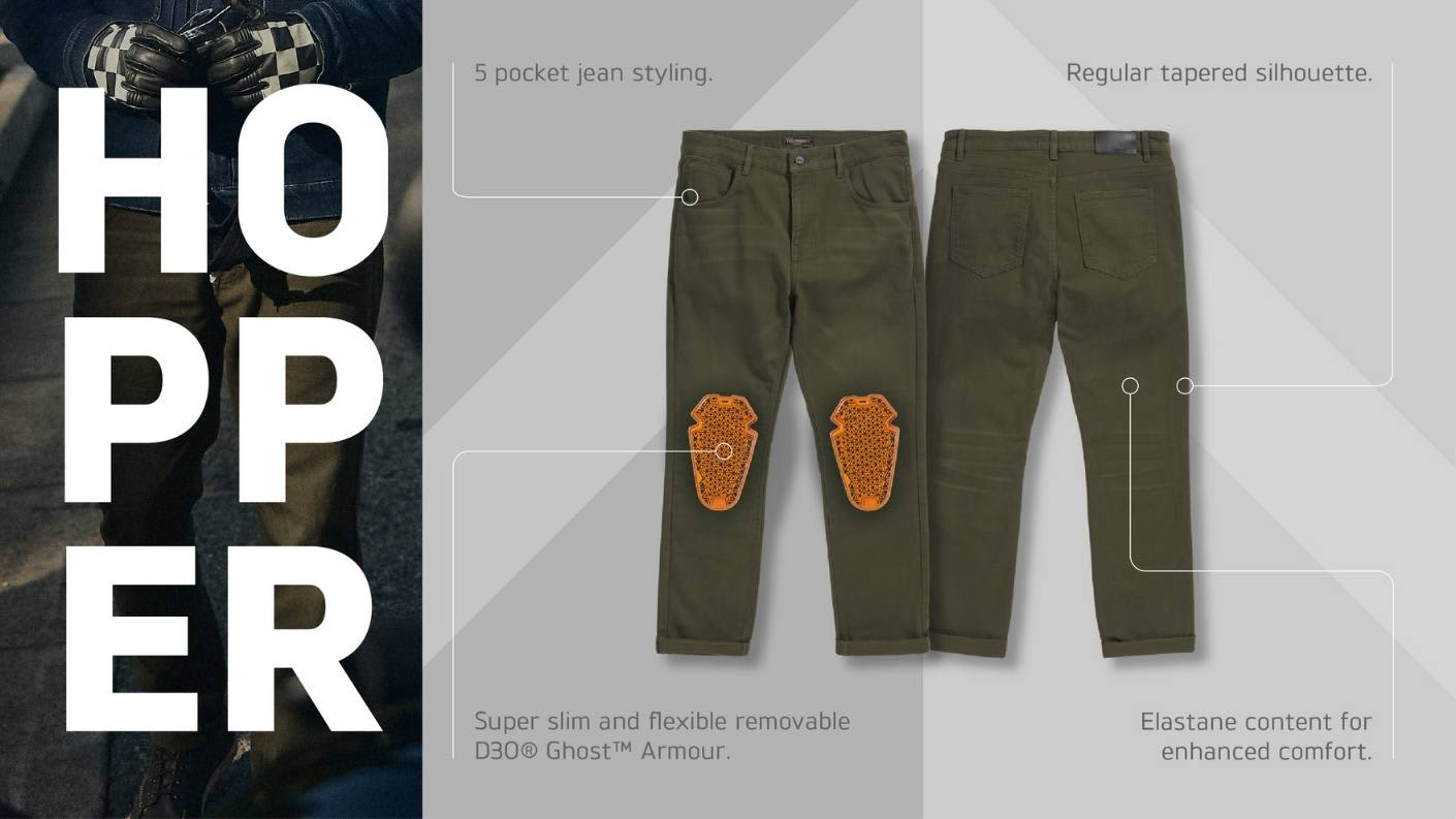 Triumph Khaki Hopper Jeans with Armalith® denim and D3O® Ghost Armour. Modern Classics Riderwear