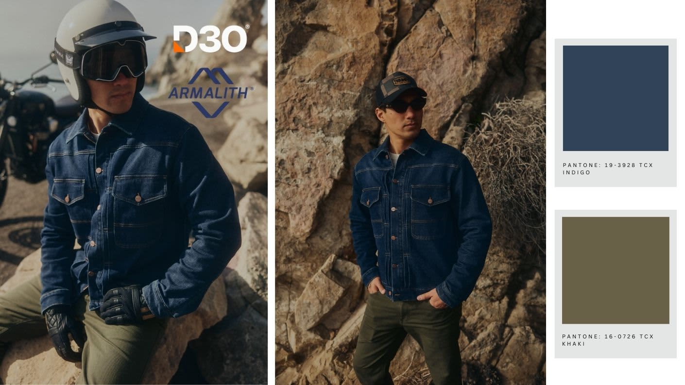 Triumph Modern Classics Riderwear- Jax Denim Jacket & Hopper Khaki Jeans Pantone Colour 