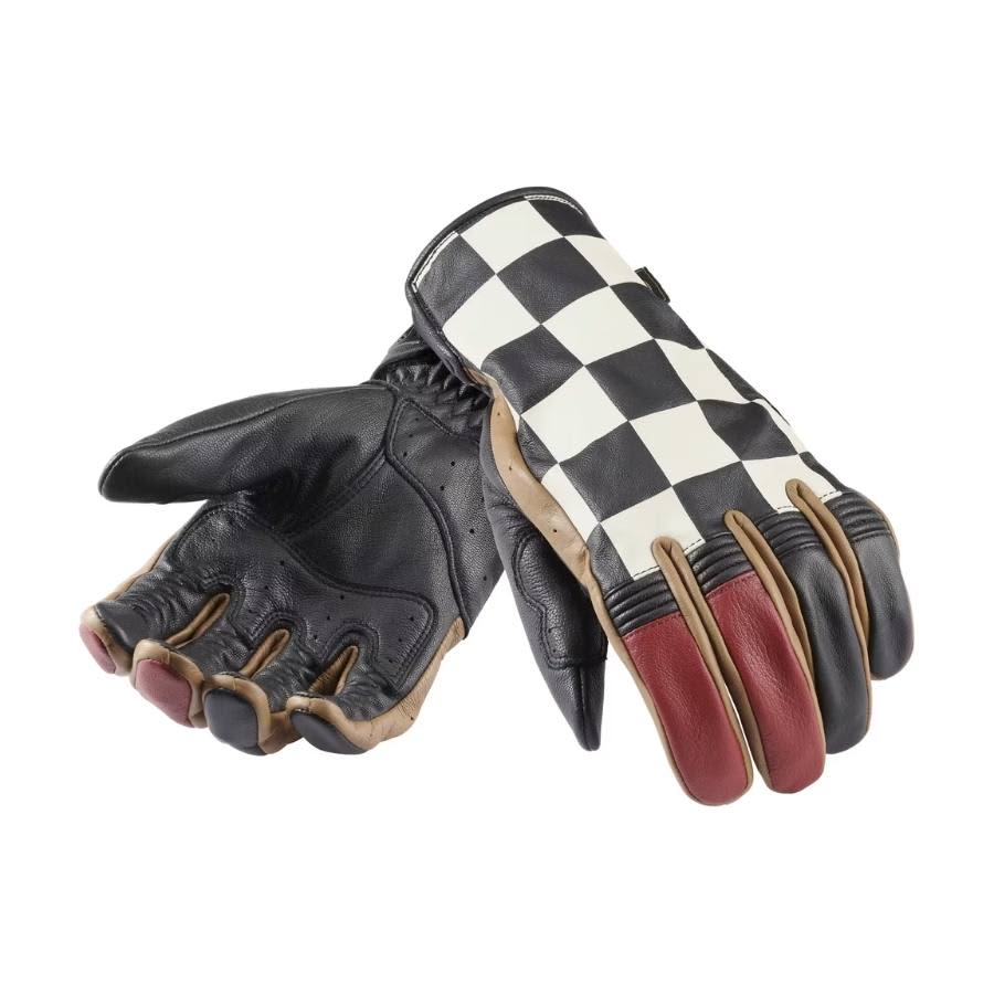Triumph Checkerboard Leather Riding Gloves. Black, White & Red