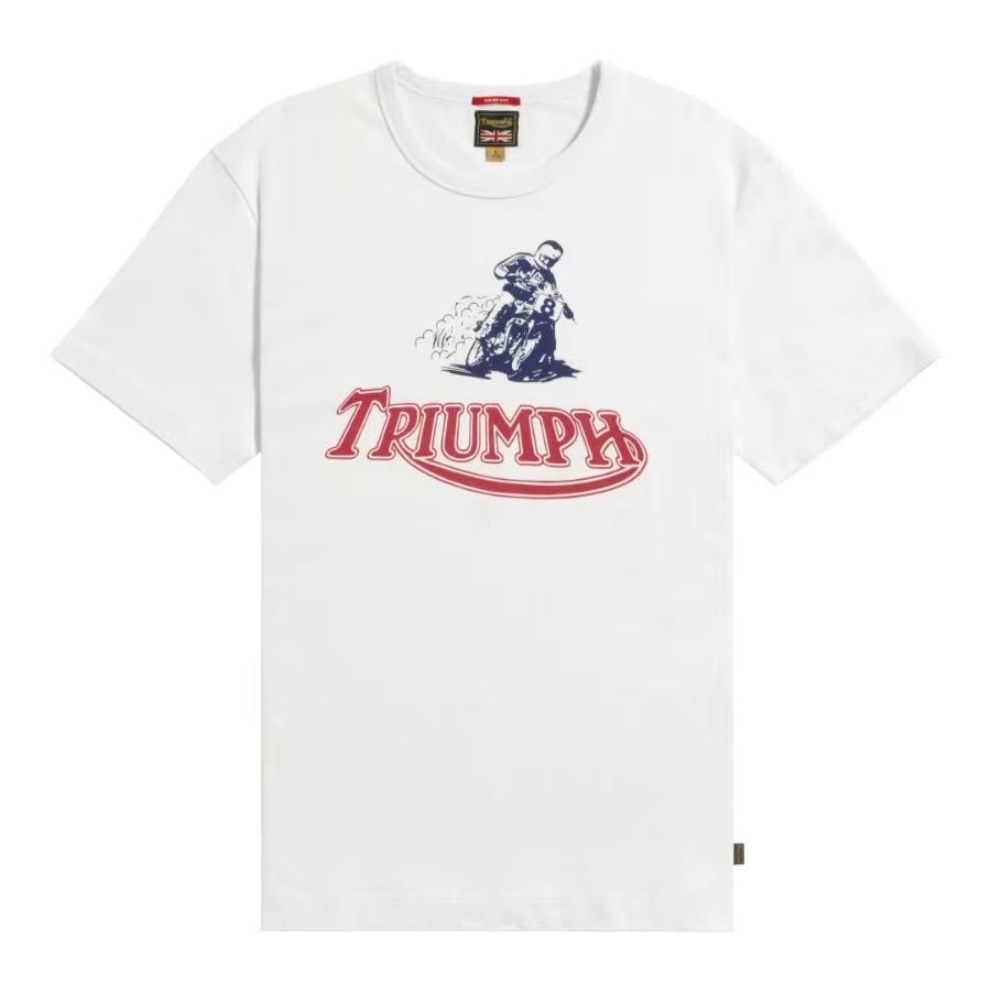Triumph heritage white Archive heavyweight Tee with triumph logo on front in red with graphic of blue biker