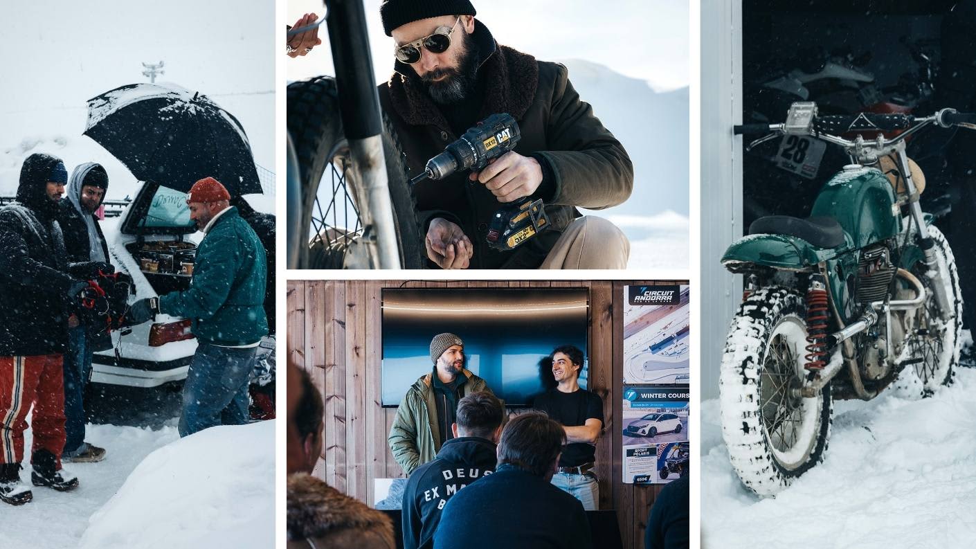 Swank on Ice Rally. Bikes being prepped for snow. Team briefing for race