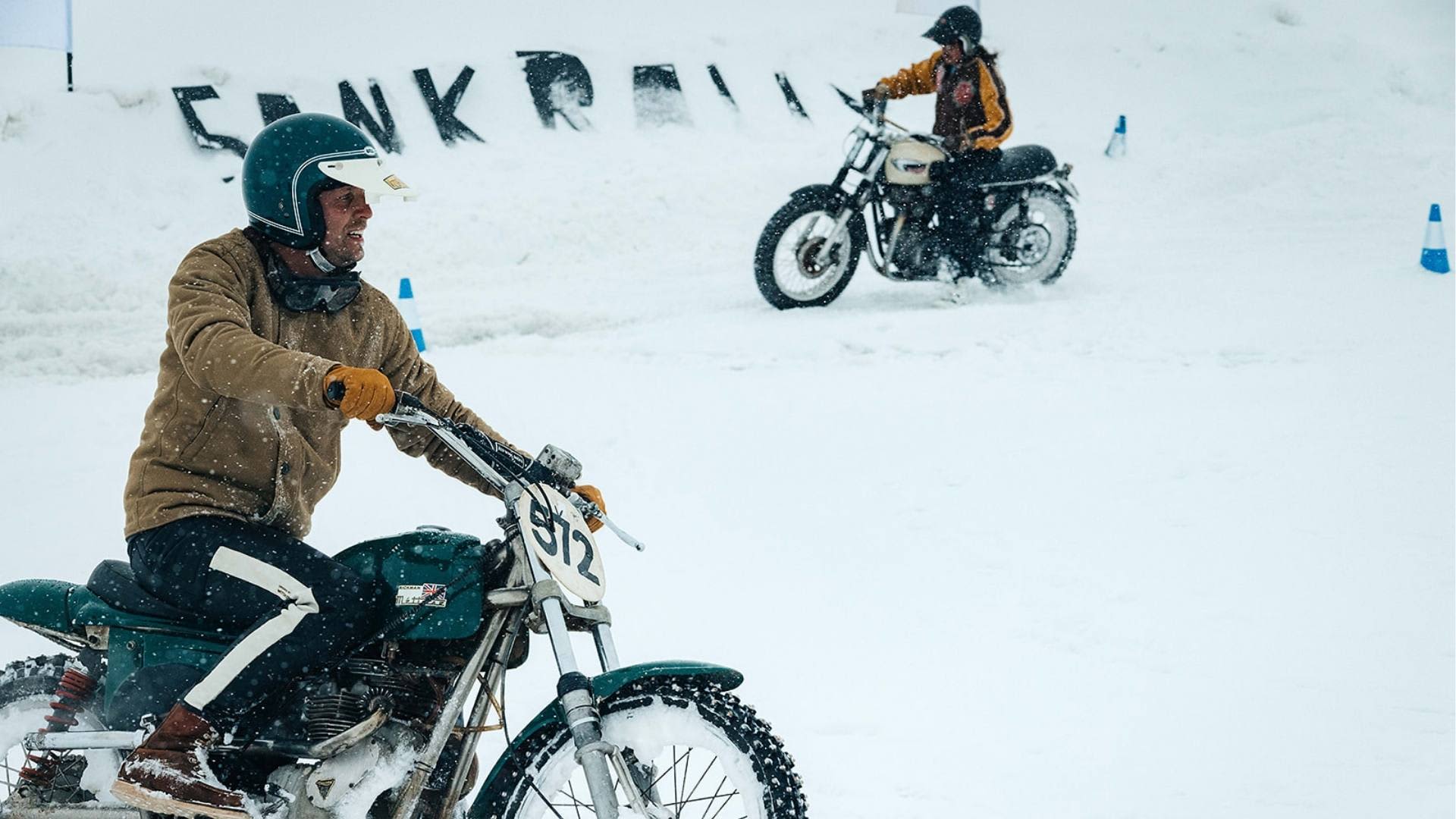Swank on Ice Rally Image Banner- Jan racing his Triumph Rickman Metisse Motorcycle wearing the Marston Wax Jacket
