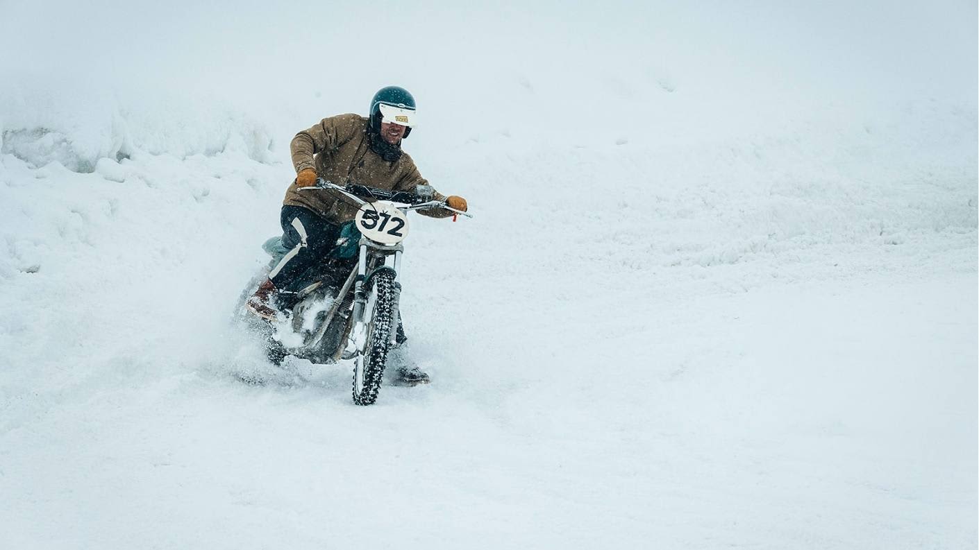 Jan riding his Triumph Rickman Metisse at the Swank Rally on Ice wearing the Marston Wax jacket