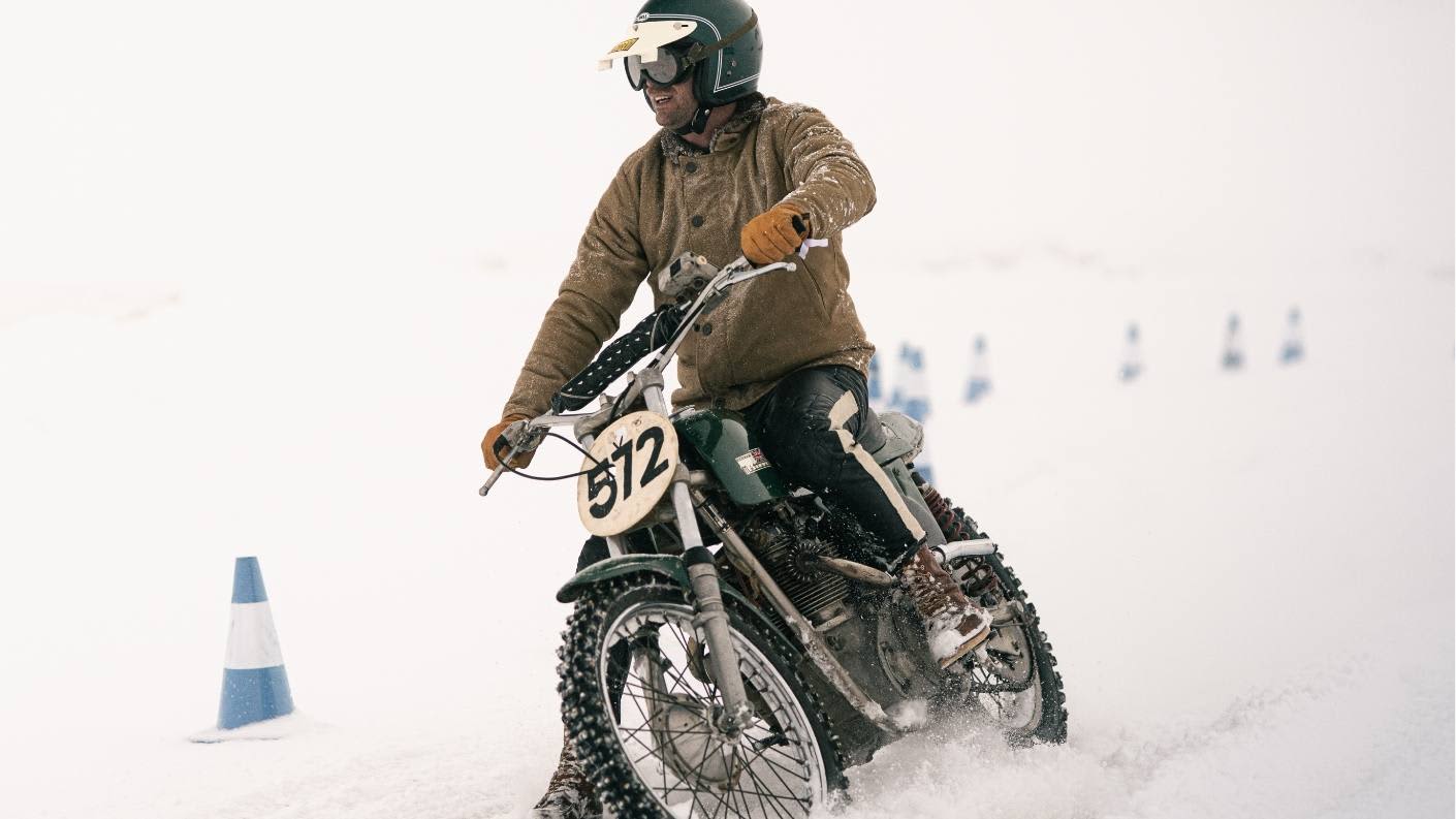 Jan riding his Triumph Rickman Metisse at the Swank Rally on Ice wearing the Marston Wax jacket