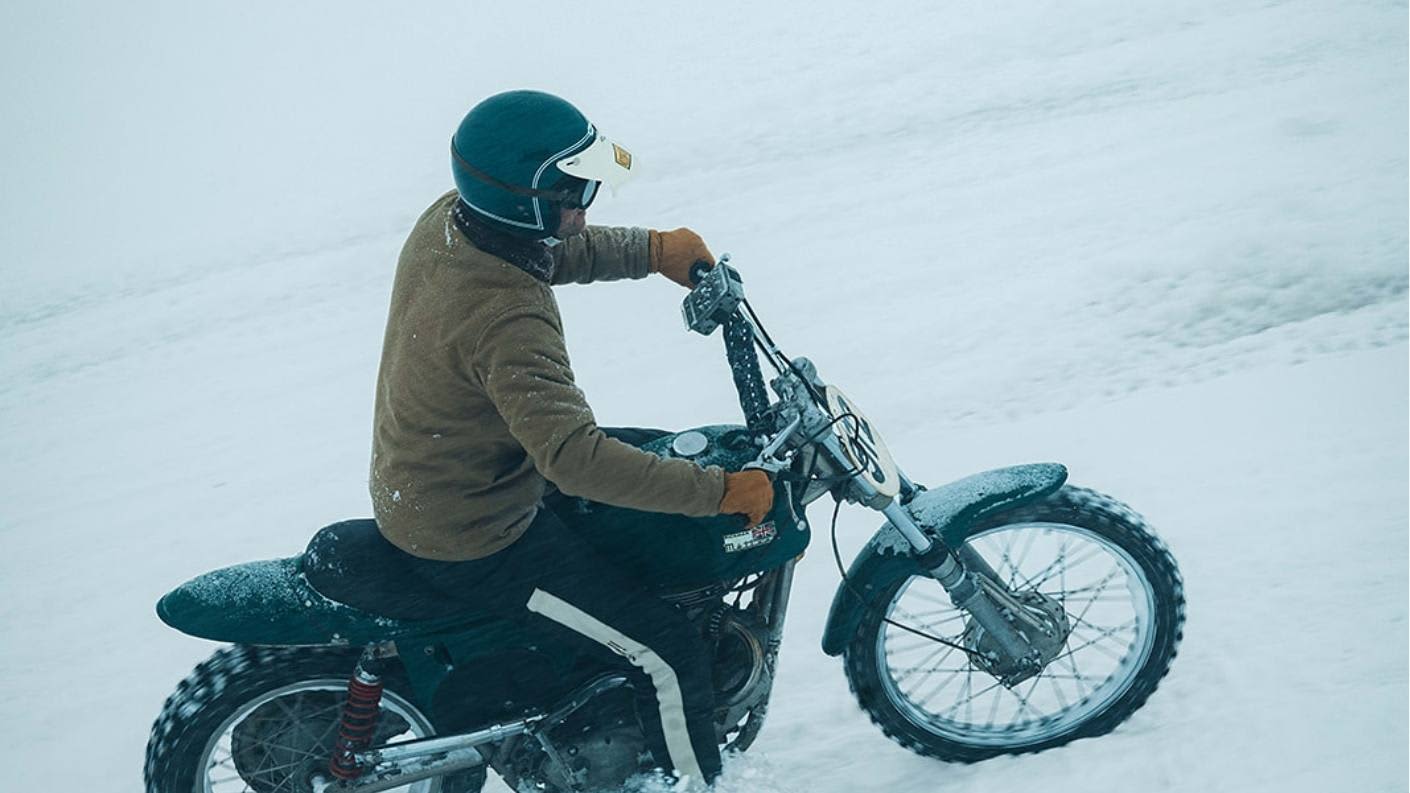 Jan riding his Triumph Rickman Metisse at the Swank Rally on Ice wearing the Marston Wax jacket