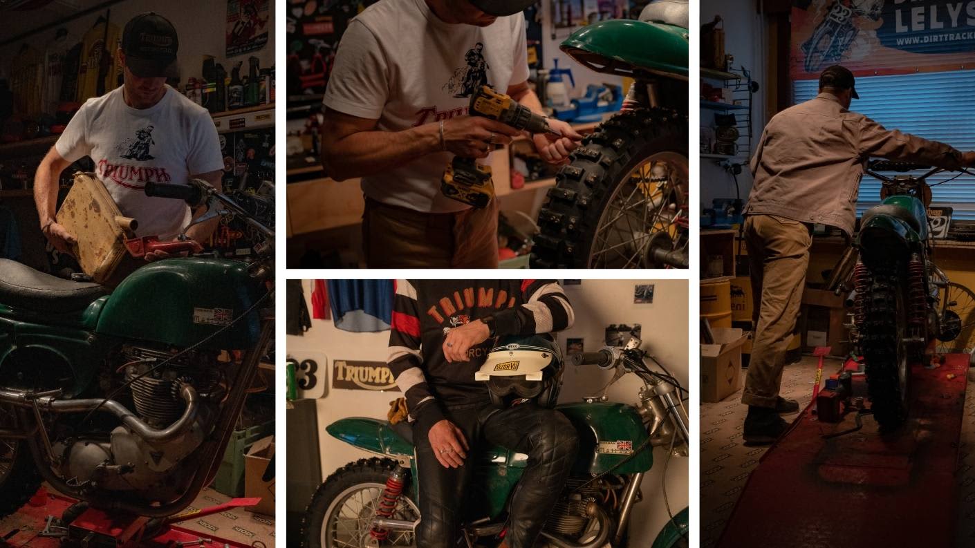 Jan preparing his Triumph Rickman Metisse Motorcycle for the Swank on Ice Rally