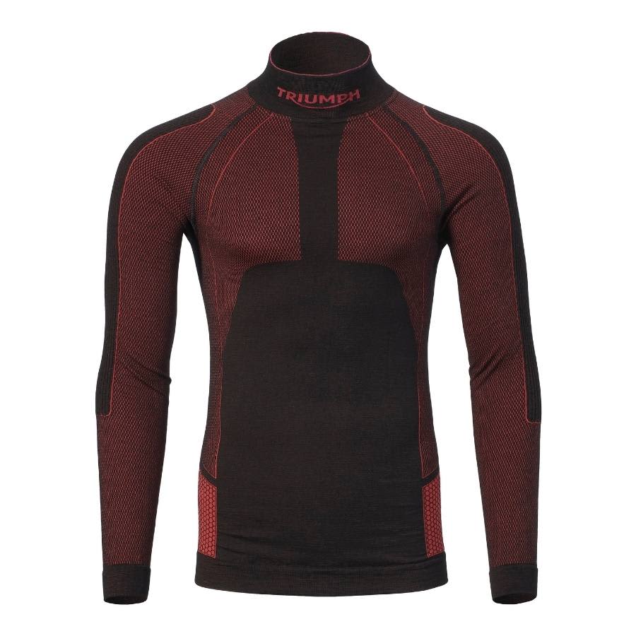 Long Sleeve Merino Wool Top red and black colour scheme and Triumph branding around the neck