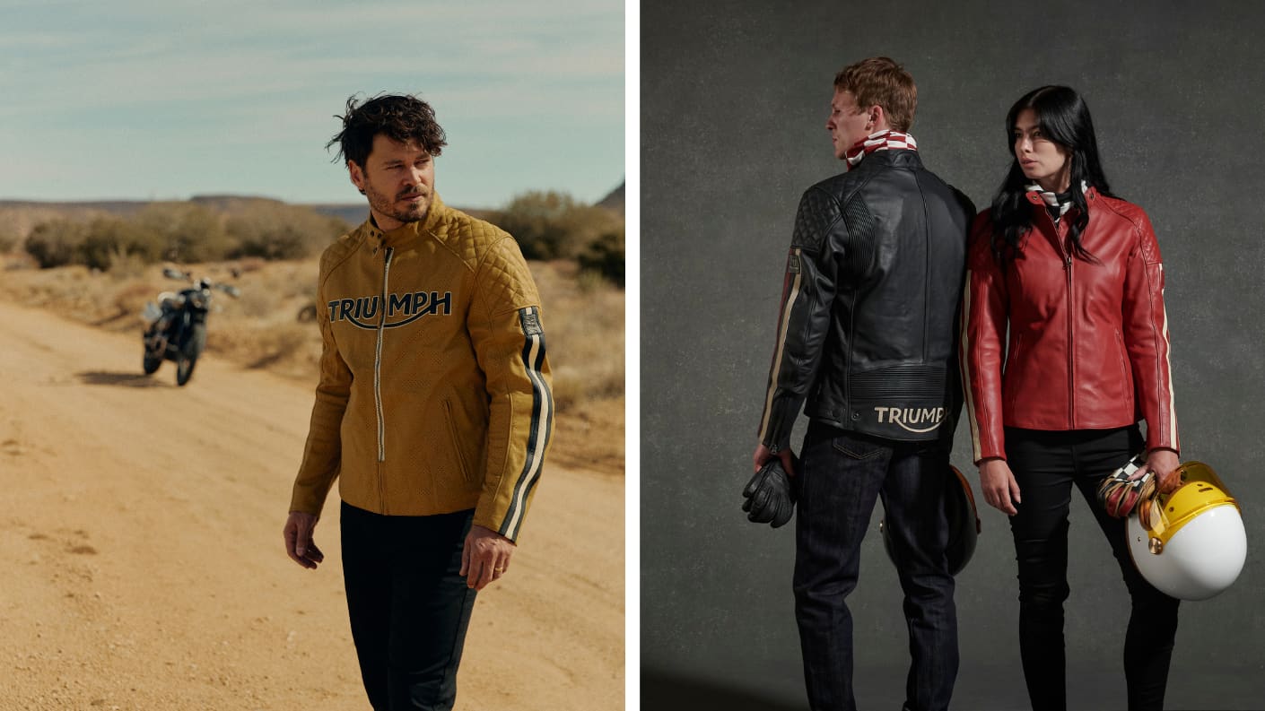2 images of models wearing Modern Classic Triumph clothing.