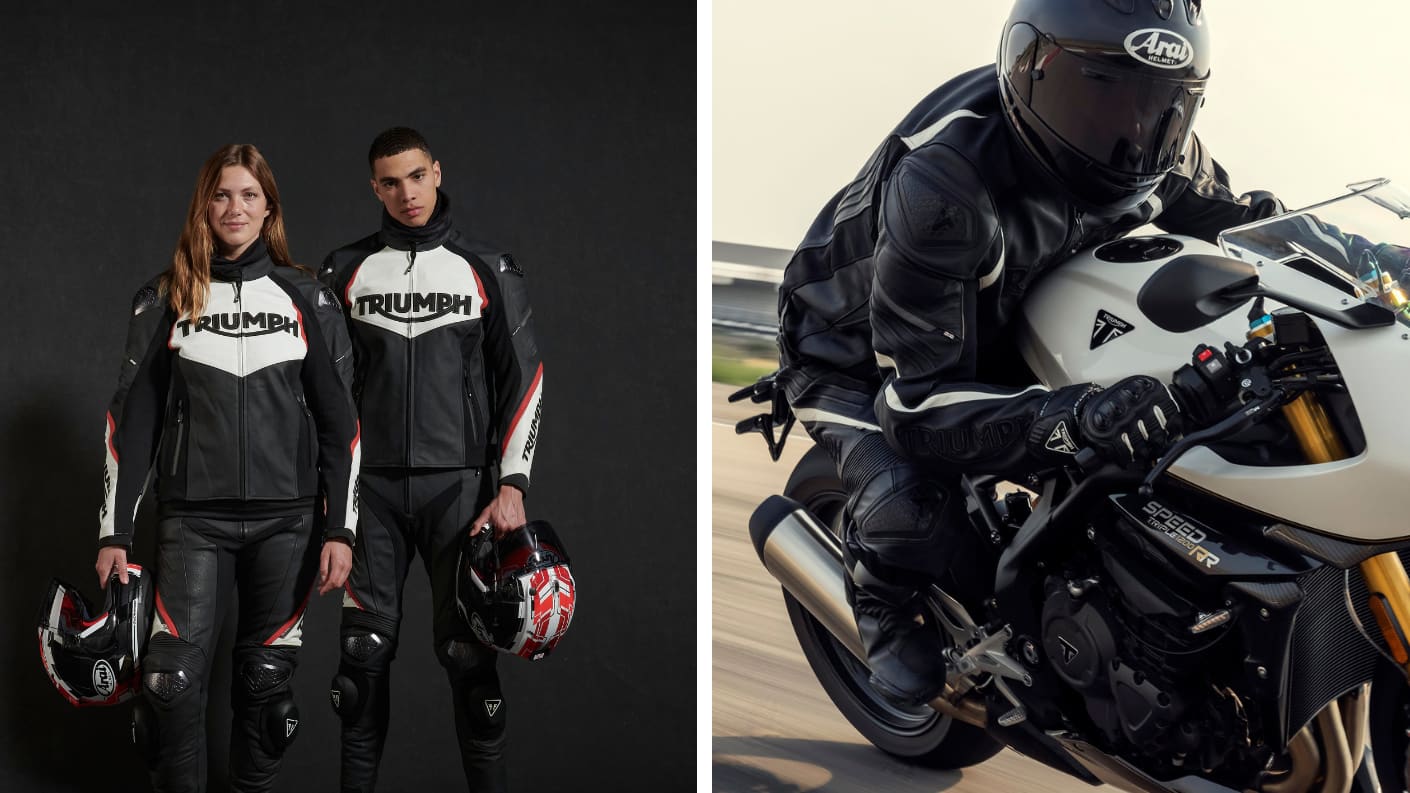 2 images of models wearing Roadster Triumph clothing.