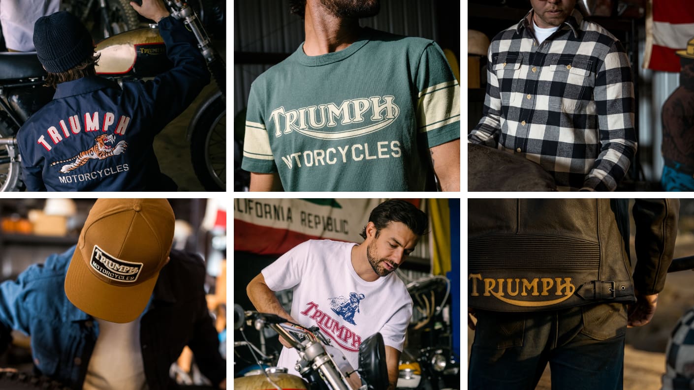 A 2 by 3 photo grid of Triumph Heritage clothing from SS26