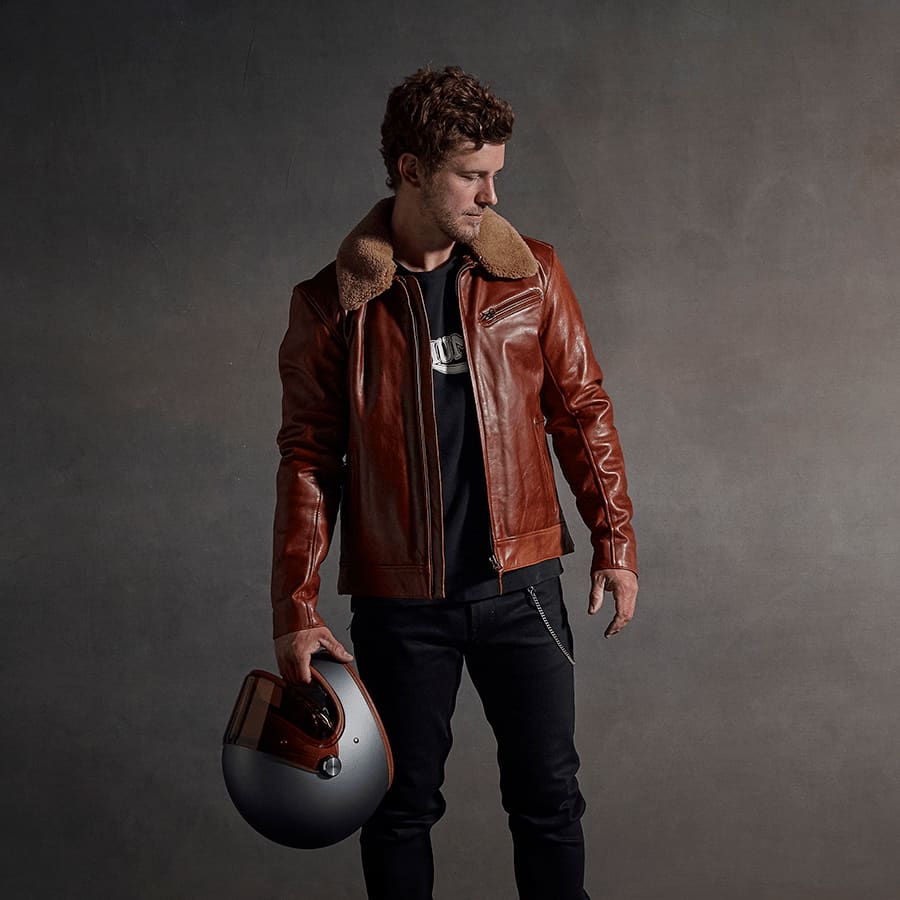 Harlow Shearling Collar Leather Jacket Tan