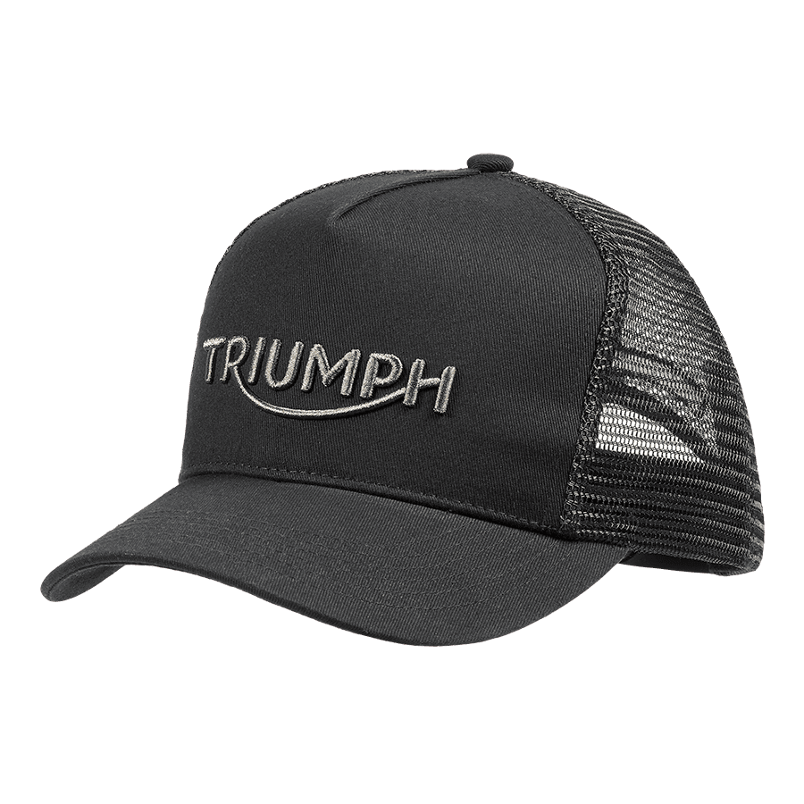 Triumph Whysall Trucker Cap, flat shot, black and gunmental, front. 