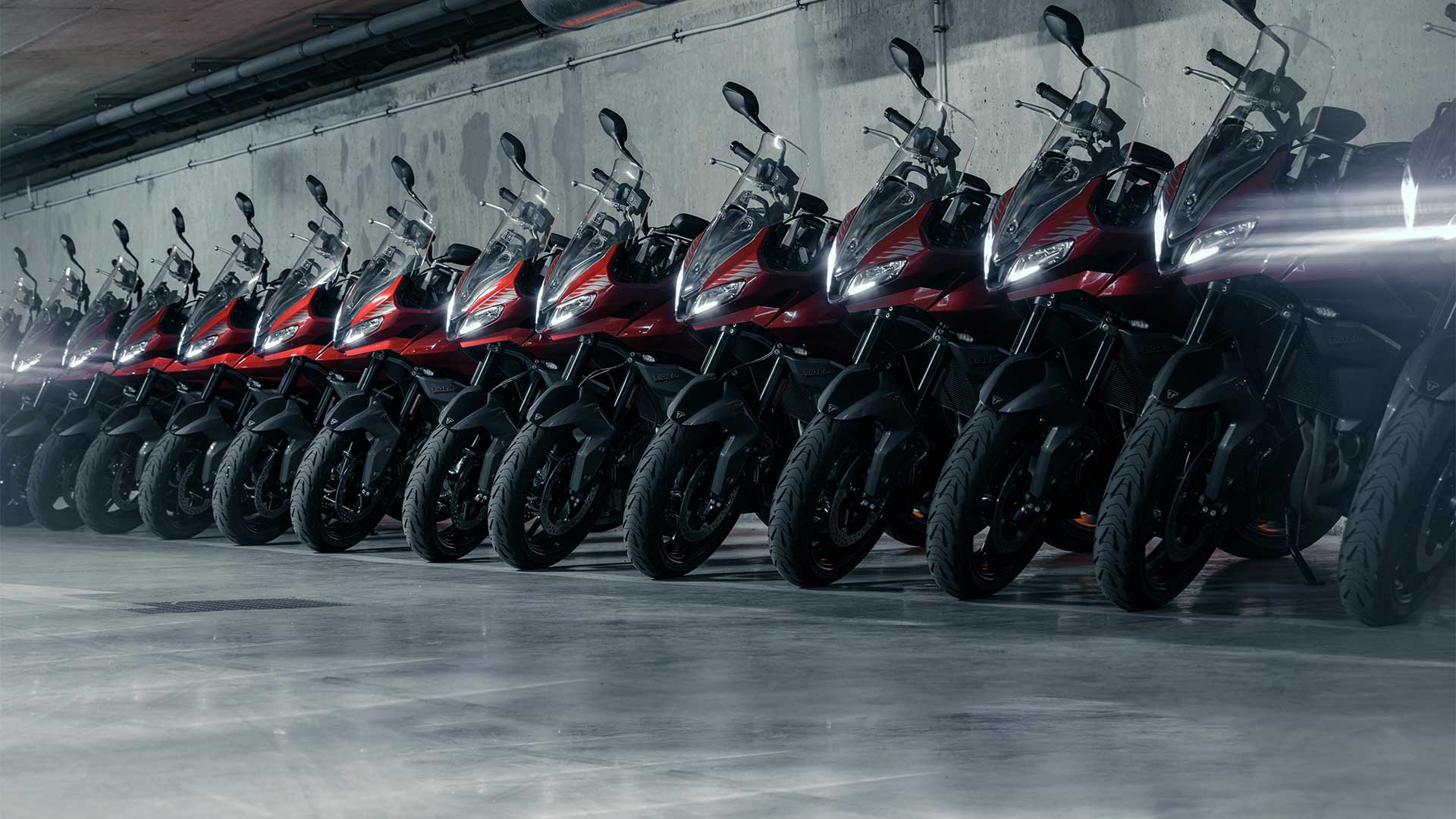 Triumph Tiger Sport 660s lined up with lights on